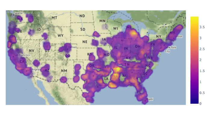 Current Utility Fire Hazard (UFH) Density Map Calculated by computing UFH density (hazards per 100 home-years) in a 50-mile radius around a map grid.