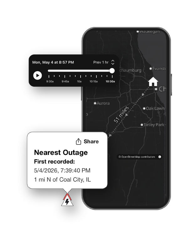 Ting app power outage screen showing an outage timeline slider and a map with the nearest outage marked 51 miles away, first recorded near Coal City, Illinois.